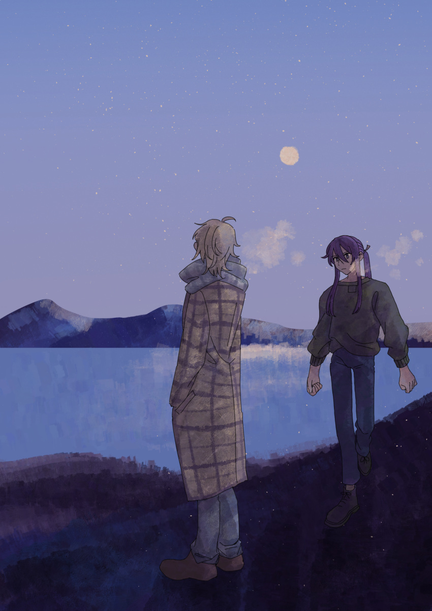 2boys, ahoge, black_footwear, blonde_hair, brown_coat, brown_footwear, clenched_hands, closed_mouth