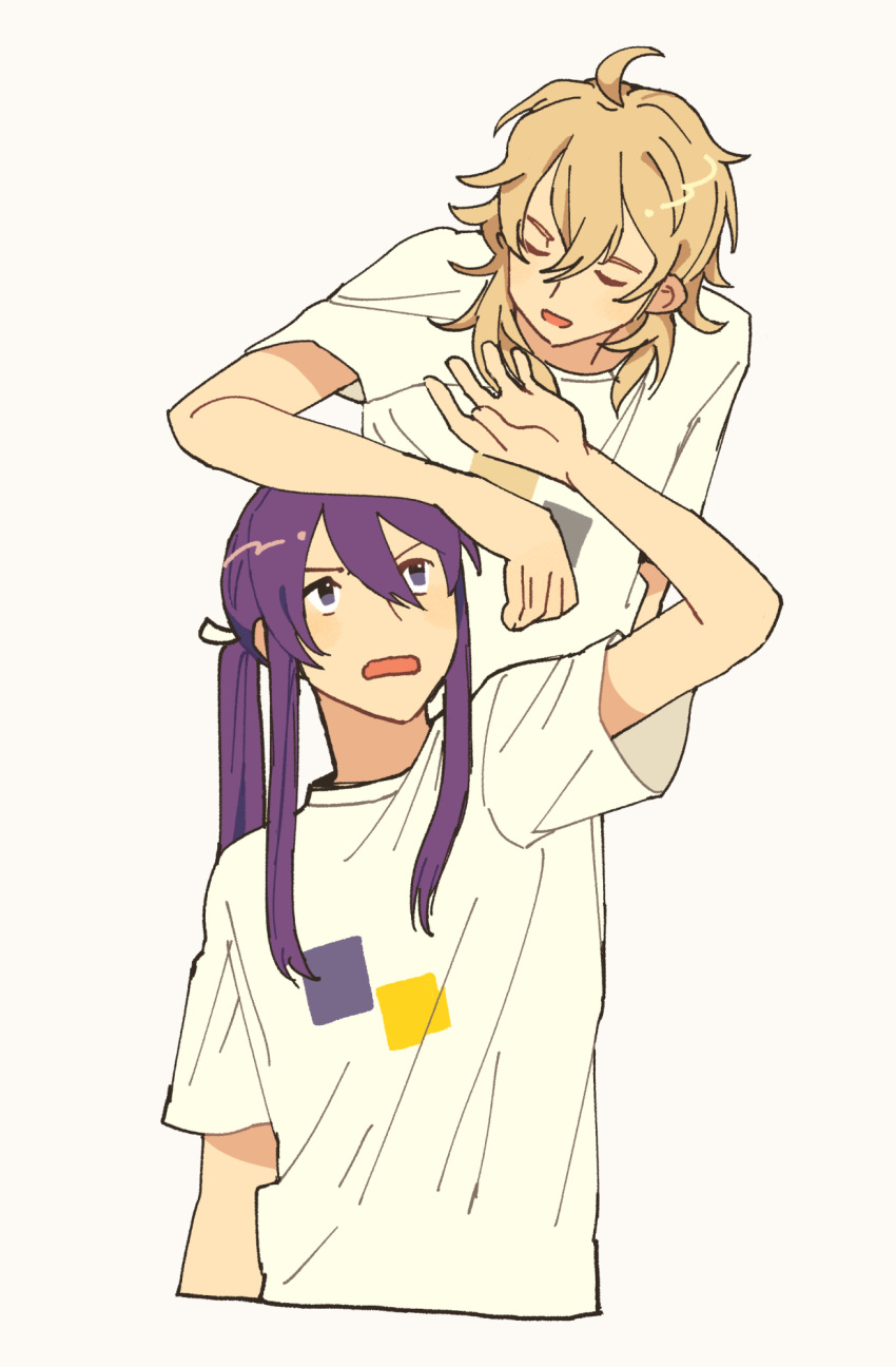 2boys, :d, ahoge, arm_on_another's_head, arm_support, arm_up, blonde_hair, closed_eyes
