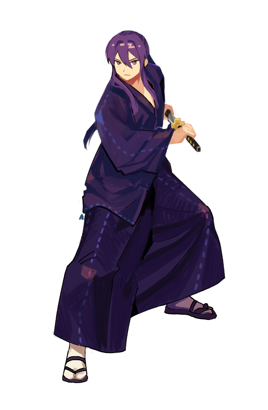 1boy, dekopoko, dotted_line, ensemble_stars!, fighting_stance, frown, hair_intakes, hakama, hakama_pants, highres, holding, holding_sheath, holding_sword, holding_weapon, japanese_clothes, kanzaki_souma, katana, kimono, looking_at_viewer, male_focus, pants, ponytail, purple_hair, purple_hakama, purple_kimono, sandals, sheath, sidelocks, simple_background, solo, standing, sword, tabi, unsheathing, v-shaped_eyebrows, violet_eyes, weapon, white_background, zouri