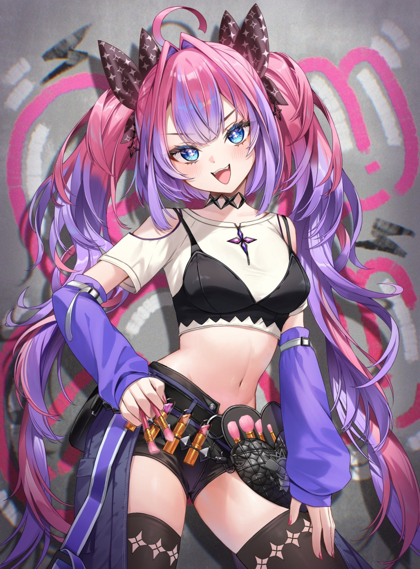 1girl, ahoge, belt, black_belt, black_bra, black_shorts, black_thighhighs, blue_eyes