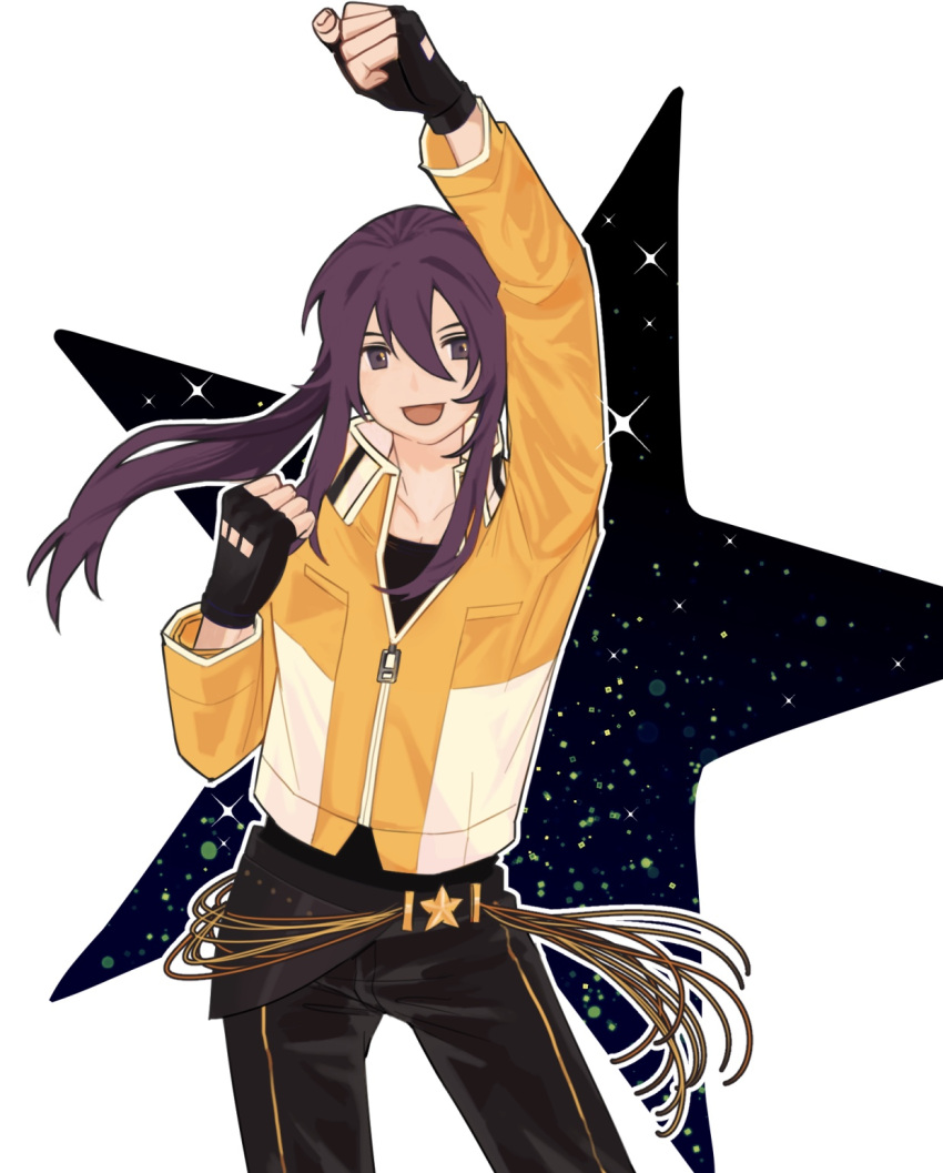 1boy, :d, arm_up, belt, black_gloves, black_pants, black_shirt, borrowed_clothes