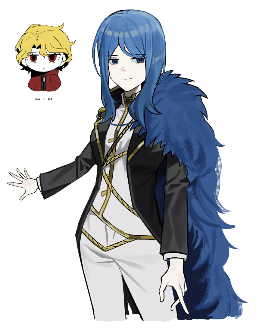 2girls, asdf1211950, bari_(project_moon), bari_(project_moon)_(cosplay), black_jacket, blonde_hair, blue_cape, blue_eyes, blue_hair, cape, closed_mouth, cosplay, cowboy_shot, don_quixote_(project_moon), fur_cape, gold_trim, highres, jacket, limbus_company, long_sleeves, medium_hair, multiple_girls, pants, project_moon, red_eyes, sancho_(project_moon), sancho_(project_moon)_(cosplay), short_hair, smile, vest, white_pants, white_vest