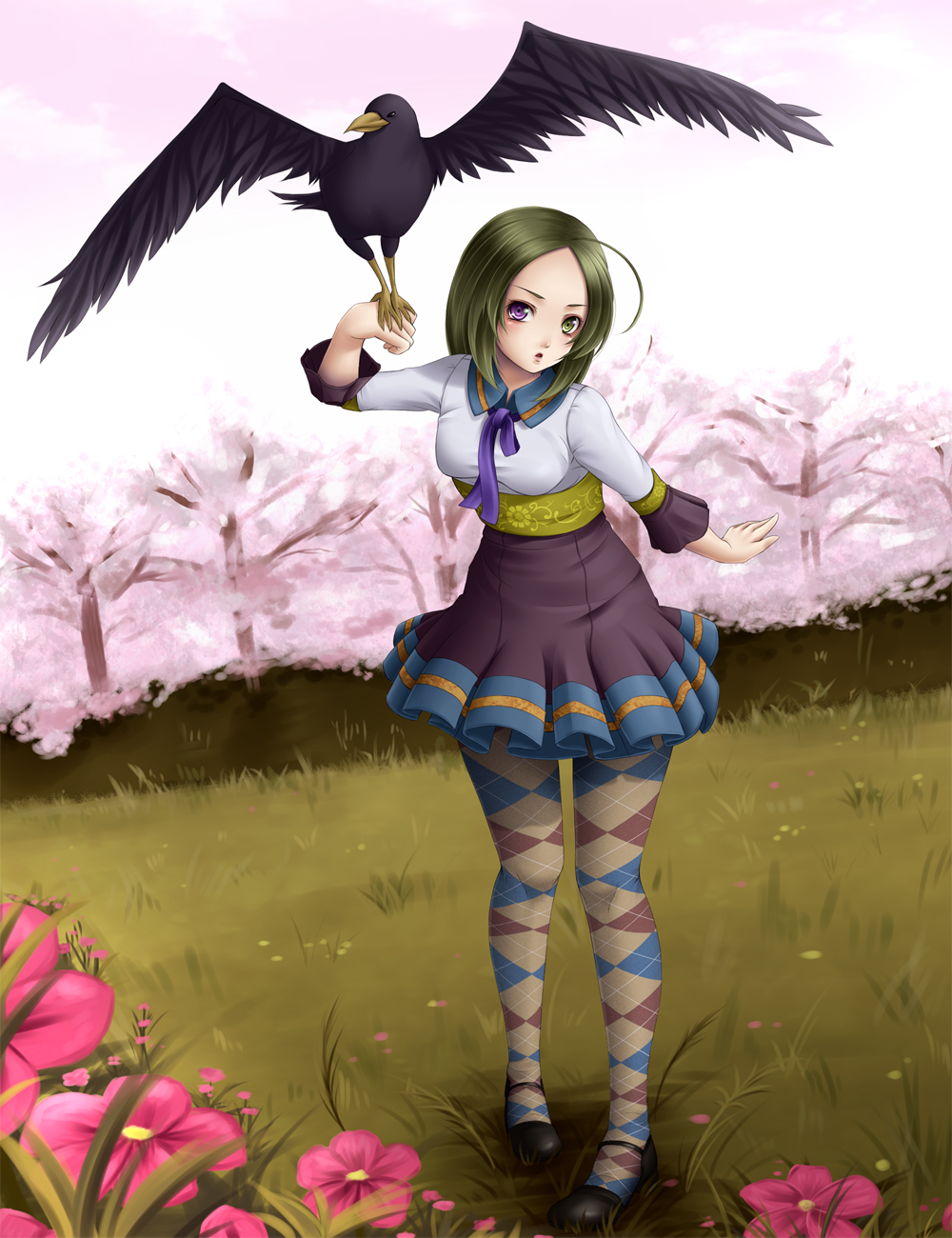 argyle_legwear, argyle_pantyhose, bird, flower, green_eyes, green_hair, heterochromia, highres, legs, long_legs, mary_janes, mochi.f, original, pantyhose, pleated_skirt, print_pantyhose, purple_eyes, shoes, short_hair, solo, violet_eyes