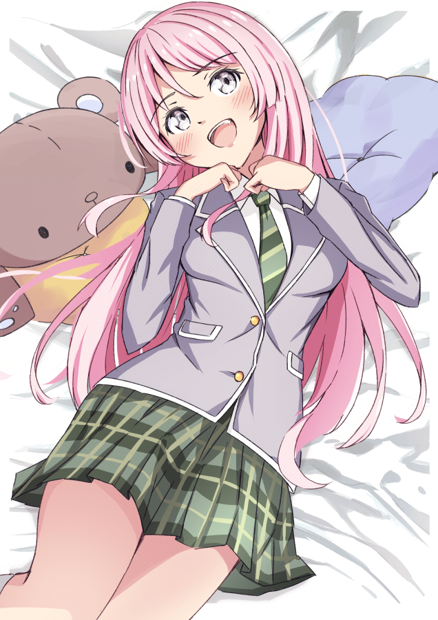 1girl, bang_dream!, bang_dream!_it's_mygo!!!!!, blush, chihaya_anon, collared_shirt, commentary, diagonal-striped_clothes, diagonal-striped_necktie, fang, green_necktie, green_skirt, grey_jacket, haneoka_school_uniform, hidemu, jacket, long_hair, long_sleeves, lying, necktie, on_back, open_mouth, pink_hair, plaid_clothes, plaid_skirt, pleated_skirt, school_uniform, shirt, skirt, solo, striped_clothes, teeth, upper_teeth_only, white_shirt