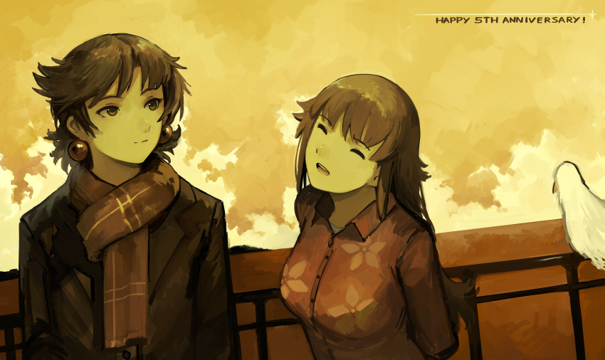 2girls, absurdres, anniversary, ball_earrings, bird, brown_eyes, brown_hair, brown_theme