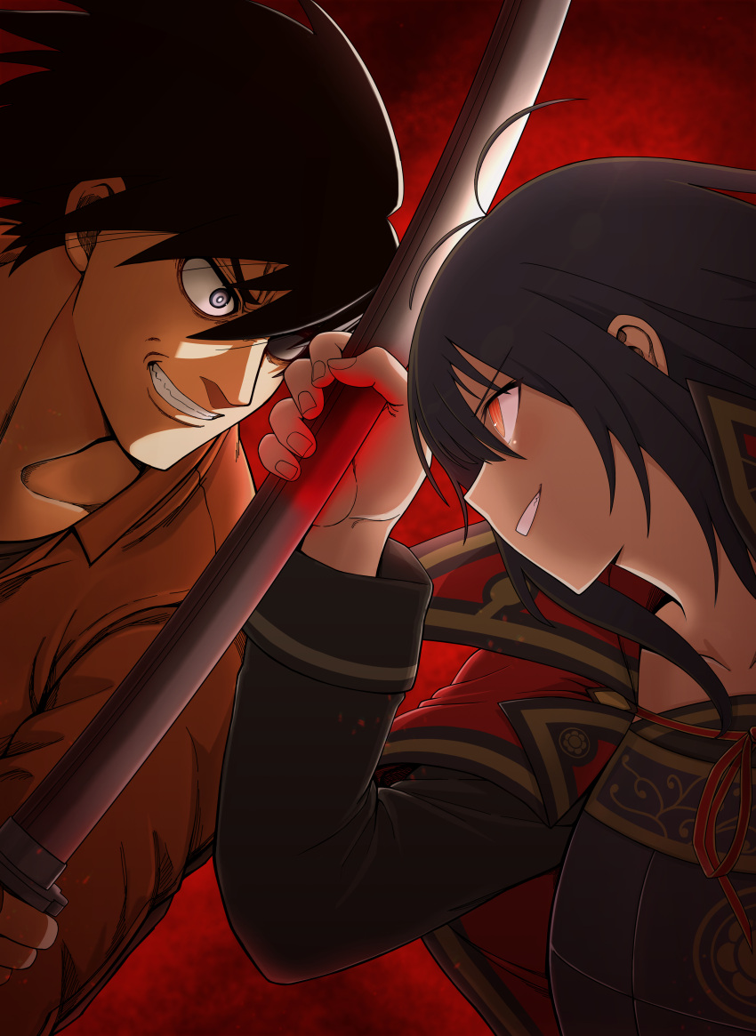 absurdres, black_hair, crossover, drifters, grey_eyes, grin, highres, holding