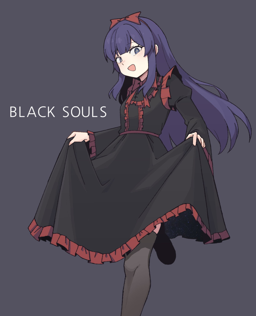 1girl, black_background, black_dress, black_souls, black_souls_2, black_thighhighs, blue_hair, bow