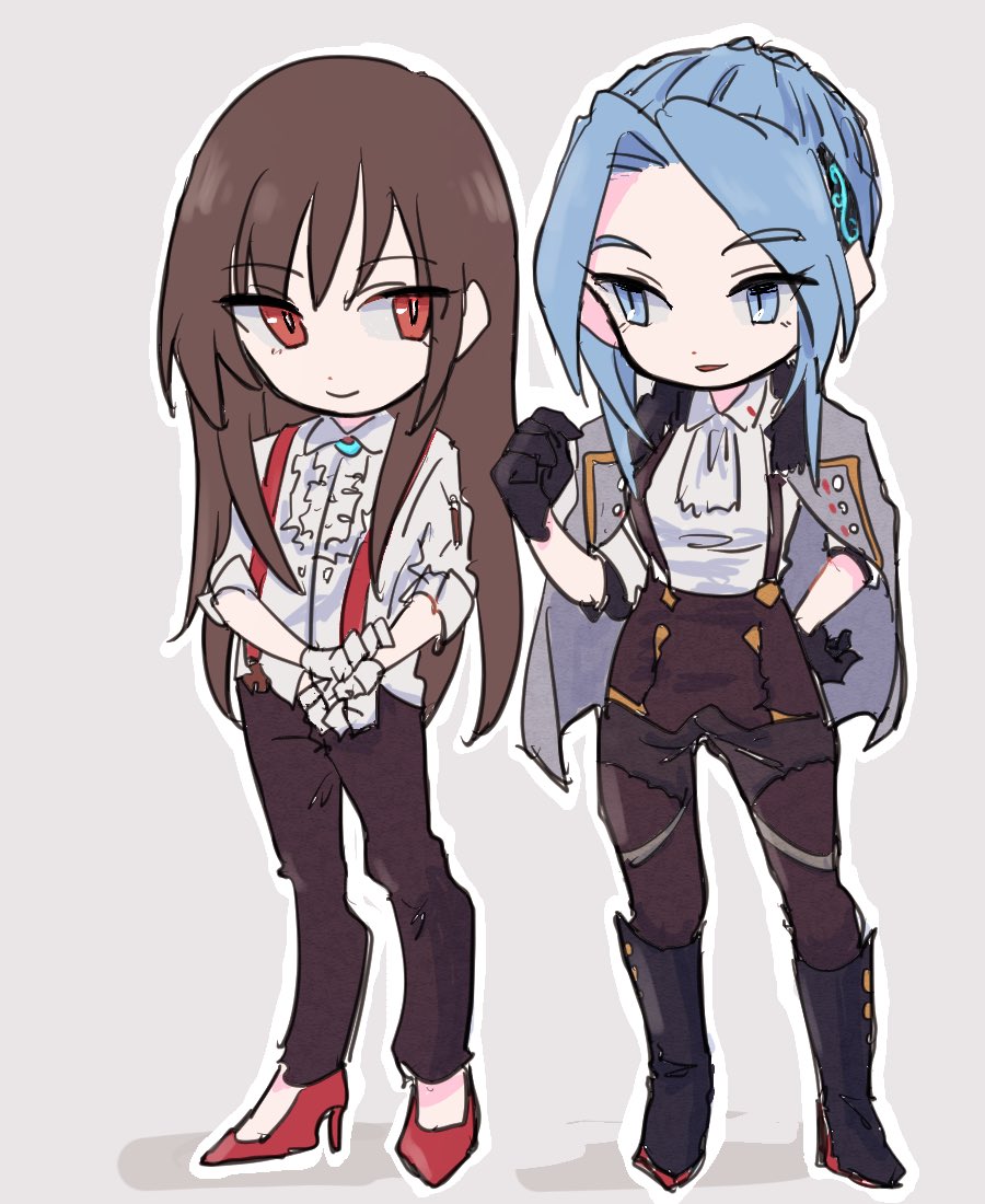 2girls, black_footwear, black_gloves, blue_eyes, blue_hair, boots, braid, brown_hair