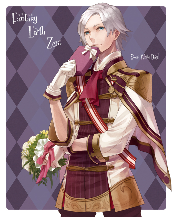 1boy, aquacrown000, argyle_background, ascot, blue_eyes, border, bouquet, box