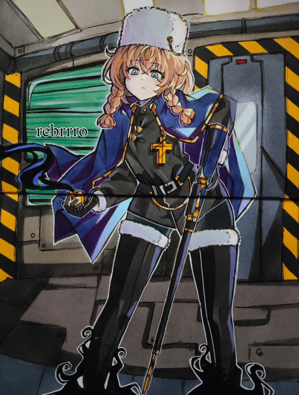 1girl, black_jacket, black_souls, blue_cape, blue_eyes, braid, cape, closed_mouth, e.g.o_(project_moon), feet_out_of_frame, full_body, fur_hat, gerda_(black_souls), gold_trim, hat, highres, indoors, jacket, lobotomy_corporation, long_hair, magic_bullet_(e.g.o), orange_hair, papakha, project_moon, rebrrro, scan, scan_artifacts, smoking_pipe, solo, traditional_media, twin_braids, white_hat