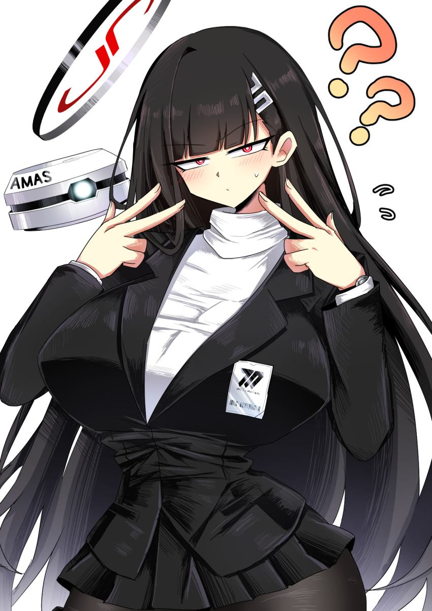 1girl, black_hair, black_halo, black_pantyhose, blue_archive, breasts, bright_pupils, double_v