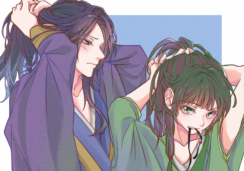 1boy, 1girl, arms_up, blue_background, blue_kimono, blush, commentary, english_commentary