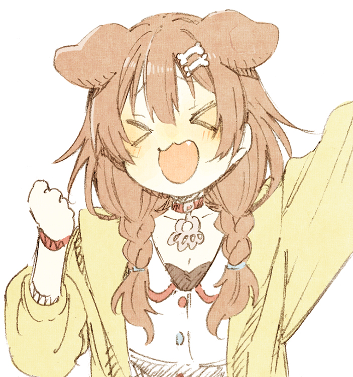 >o<, 1girl, :3, abara_heiki, animal_collar, animal_ears, arm_up, bone_hair_ornament