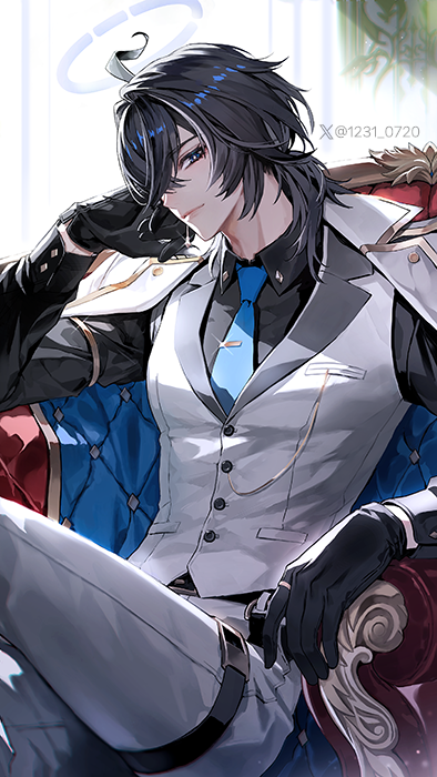 1boy, ahoge, armchair, artist_name, azeru_(vtuber), black_gloves, black_hair, black_shirt, blue_eyes, blue_necktie, breast_pocket, buttons, chair, closed_mouth, coat, coat_on_shoulders, collared_shirt, commentary, crossed_bangs, crossed_legs, earrings, english_commentary, gloves, gold_trim, hair_between_eyes, hair_intakes, hair_over_shoulder, halo, hand_up, indie_virtual_youtuber, indoors, jewelry, lapels, light_particles, long_sleeves, looking_at_viewer, male_focus, medium_hair, multicolored_hair, necktie, np_(1231_0720), on_chair, pants, pocket, ring, shirt, sitting, smile, solo, streaked_hair, thigh_strap, tie_clip, twitter_username, twitter_x_logo, two-sided_coat, two-sided_fabric, vest, virtual_youtuber, white_coat, white_hair, white_pants, white_vest, window, wing_collar