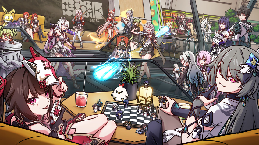 4boys, 6+girls, absurdres, acheron_(honkai:_star_rail), ai-chan_(honkai_impact), ai_hyperion_lambda, ai_hyperion_lambda_(chrono_navi), aqua_hair, baseball_bat, black_gloves, black_hair, blue_hair, bronya_rand, bronya_zaychik, bronya_zaychik_(haxxor_bunny), bronya_zaychik_(silverwing:_n-ex), brown_hair, cellphone, closed_mouth, dan_heng_(honkai:_star_rail), dan_heng_(hunt)_(honkai:_star_rail), dark_blue_hair, elysia_(honkai_impact), firefly_(honkai:_star_rail), fox_mask, fu_hua, fu_hua_(fenghuang_of_vicissitude), gloves, green_eyes, grey_hair, highres, himeko_(honkai:_star_rail), holding, holding_baseball_bat, holding_phone, homu_(honkai_impact), honkai:_star_rail, honkai_(series), honkai_impact_3rd, indoors, jacket, kiana_kaslana, kiana_kaslana_(herrscher_of_finality), li_sushang, long_hair, long_sleeves, looking_at_viewer, lordly_trashcan_(honkai:_star_rail), luocha_(honkai:_star_rail), march_7th_(honkai:_star_rail), march_7th_(hunt)_(honkai:_star_rail), mask, mask_on_head, medium_hair, mhunter_45, multiple_boys, multiple_girls, murata_himeko, nuwa_(honkai_impact), open_clothes, open_jacket, otto_apocalypse, parted_lips, partially_fingerless_gloves, phone, pink_hair, pom-pom_(honkai:_star_rail), ponytail, raiden_mei, raiden_mei_(apho), redhead, sampo_koski, seele_(alter_ego), seele_(honkai:_star_rail), seele_vollerei, short_sleeves, silver_wolf_(honkai:_star_rail), single_glove, sitting, smartphone, smile, sparkle_(honkai:_star_rail), standing, stelle_(honkai:_star_rail), sushang_(honkai:_star_rail), theresa_apocalypse, theresa_apocalypse_(schicksal's_imperative), thigh-highs, tongue, tongue_out, trailblazer_(honkai:_star_rail), vita_(honkai_impact), welt_yang, white_hair, white_thighhighs