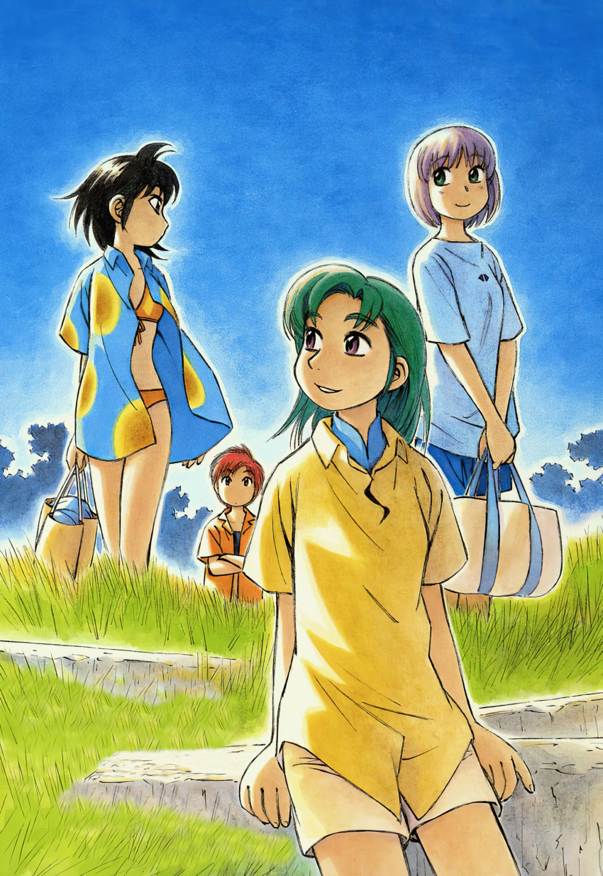 4girls, absurdres, alternate_costume, aqua_one-piece_swimsuit, aqua_shirt, aqua_sleeves, ashinano_hitoshi, bag