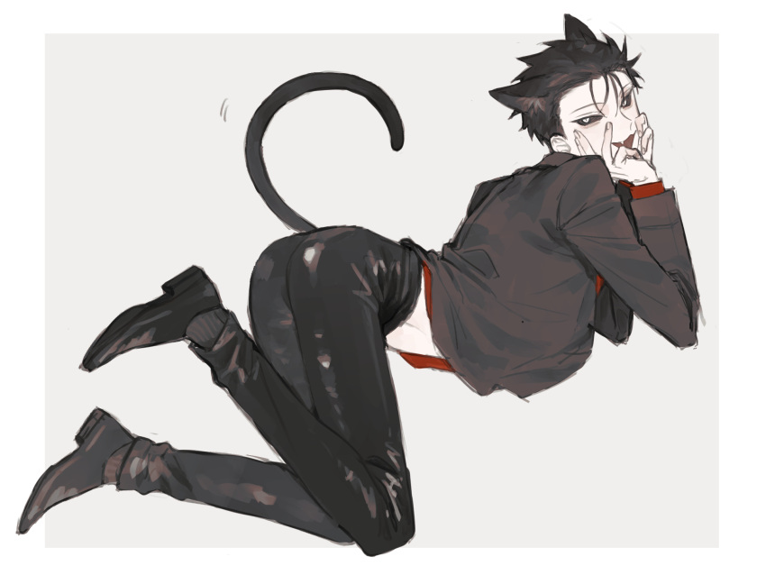 1boy, animal_ears, arched_back, arms_up, black_footwear, black_hair, black_jacket, black_pants