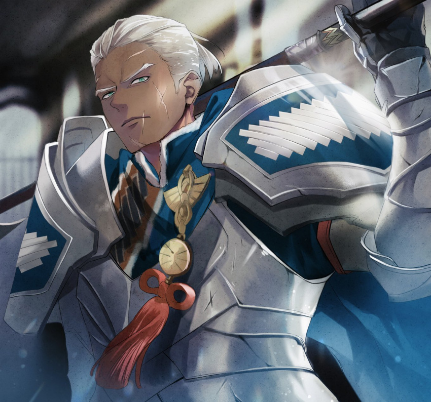 1boy, arm_up, armor, blue_scarf, blurry, blurry_background, breastplate, closed_mouth