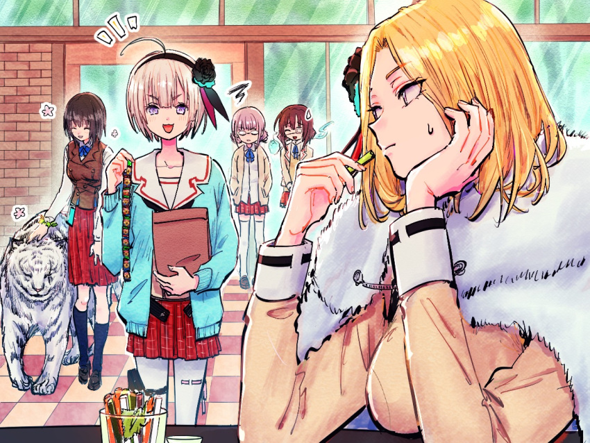 5girls, :3, ahoge, animal, aoi_erika, black_hairband, black_thighhighs, blonde_hair