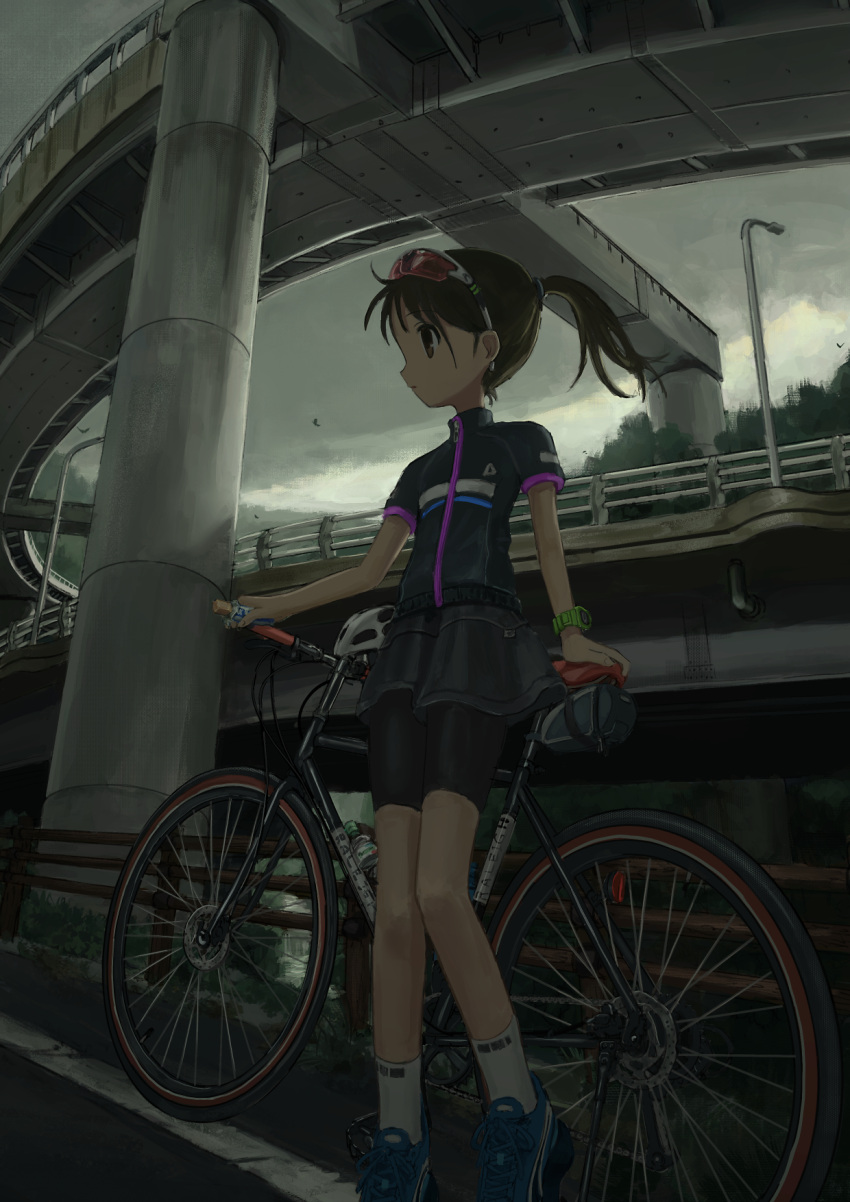 1girl, anbiyori, bicycle, bicycle_helmet, bike_shorts, black_eyes, black_hair, black_jacket