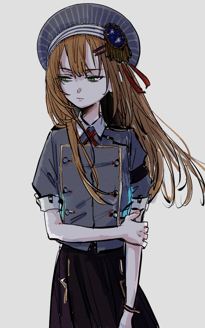 1girl, alternate_hair_length, alternate_hairstyle, beret, black_skirt, brown_hair, closed_mouth, collared_shirt