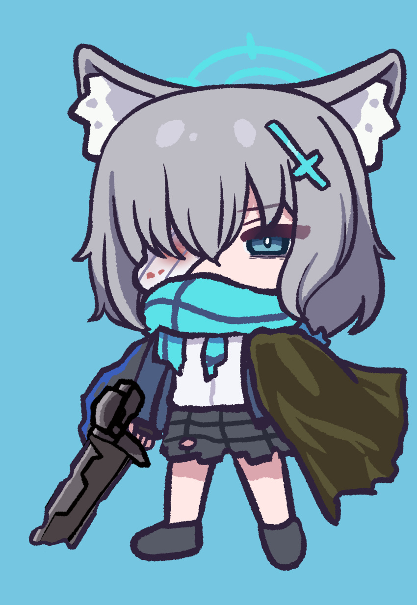 1girl, absurdres, animal_ear_fluff, animal_ears, bandage_over_one_eye, beam_rifle, black_footwear, black_skirt, blood, blue_archive, blue_background, blue_eyes, blue_hair, blue_halo, blue_jacket, blue_scarf, bright_pupils, brown_cloak, chibi, chibi_only, cloak, commentary_request, cosplay, cross, cross_hair_ornament, energy_gun, exia_repair, full_body, grey_hair, gun, gundam, gundam_00, gundam_exia, gundam_exia_(cosplay), hair_between_eyes, hair_ornament, halo, highres, holding, holding_gun, holding_weapon, inverted_cross, jacket, medium_hair, open_clothes, open_jacket, panatisia, scarf, school_uniform, shiroko_(blue_archive), shirt, shoes, simple_background, skirt, solo, standing, torn_clothes, torn_skirt, weapon, white_pupils, white_shirt, wolf_ears