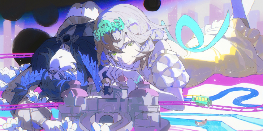 2girls, absurdres, blue_hair, brown_hair, castle, detached_sleeves, dress, elpis_flower