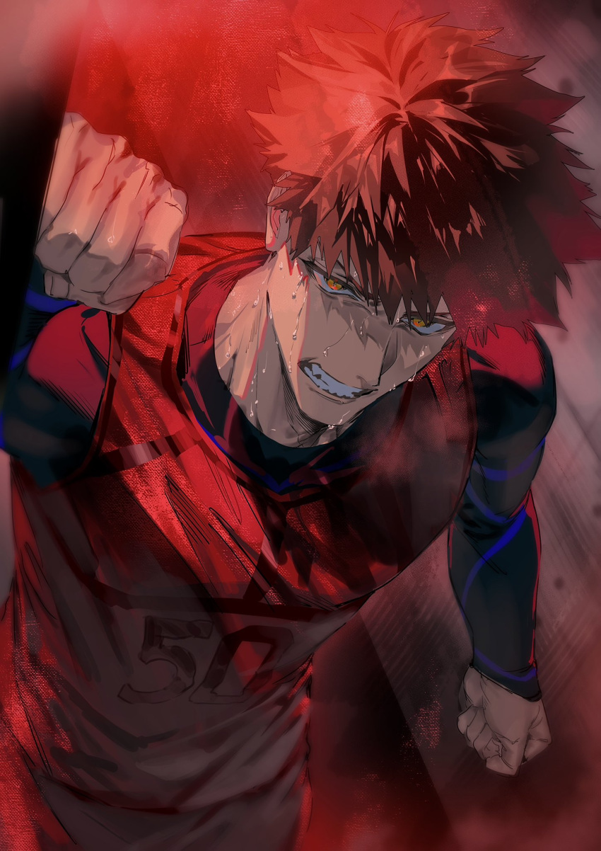 1boy, angry, arm_at_side, blue_lock, bomber_tarou, clenched_hands, clenched_teeth, commentary_request, compression_shirt, from_above, furious, glaring, highres, kunigami_rensuke, long_sleeves, looking_at_viewer, male_focus, orange_eyes, red_theme, redhead, short_hair, soccer_uniform, solo, spiky_hair, sportswear, sweat, teeth, upper_body, very_short_hair