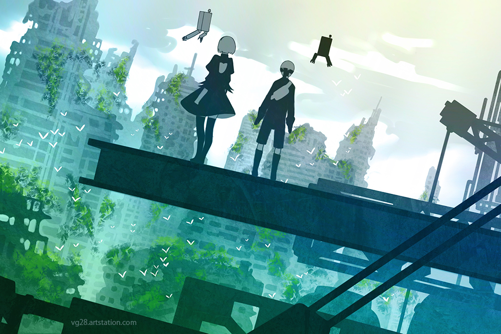 1boy, 1girl, 2b_(nier:automata), 9s_(nier:automata), artist_name, back_cutout, bag, bird