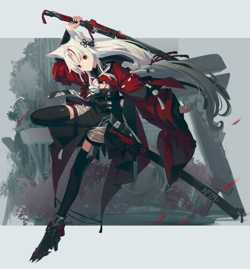 1girl, absurdres, agemaki_knot, ahoge, black_footwear, commentary_request, curtained_hair, full_body, highres, holding, holding_sword, holding_weapon, japanese_clothes, katana, long_hair, looking_at_viewer, low-tied_long_hair, multicolored_hair, nagishiro_mito, original, parted_bangs, pelvic_curtain, platform_footwear, red_eyes, red_streaks, redhead, scabbard, sheath, sidelocks, solo, streaked_hair, sword, thigh-highs, torii, turtleneck, unitard, weapon, white_hair, wide_sleeves