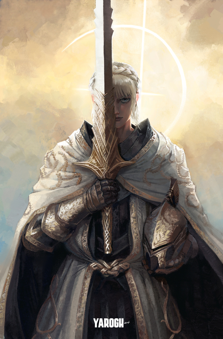 1girl, absurdres, armor, armor_under_clothes, artist_name, blonde_hair, braid, cloak
