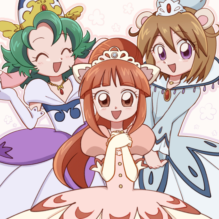 3girls, :d, ^_^, animal_ears, arched_crown, beaver_ears, blue_crown, blue_dress