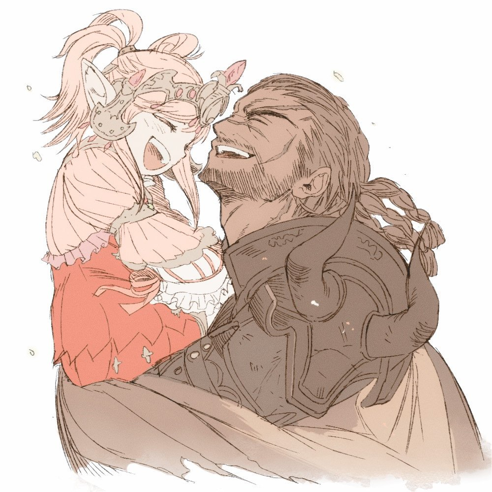 1boy, 1girl, ^_^, affectionate, armor, beard, braid, brown_hair