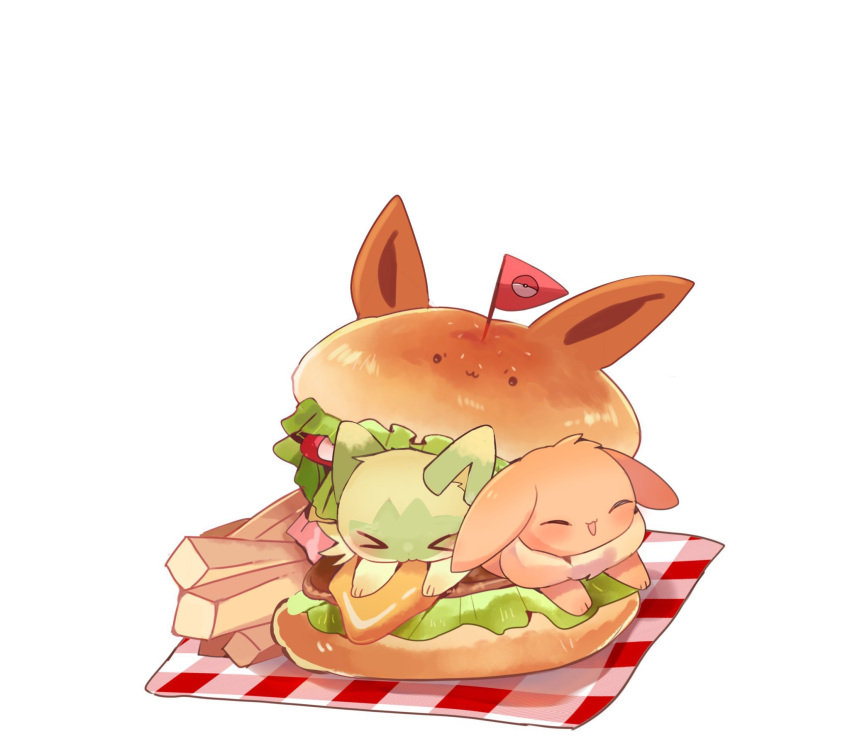 >_<, animal_focus, bacon, burger, cheese, eevee, food, food_focus