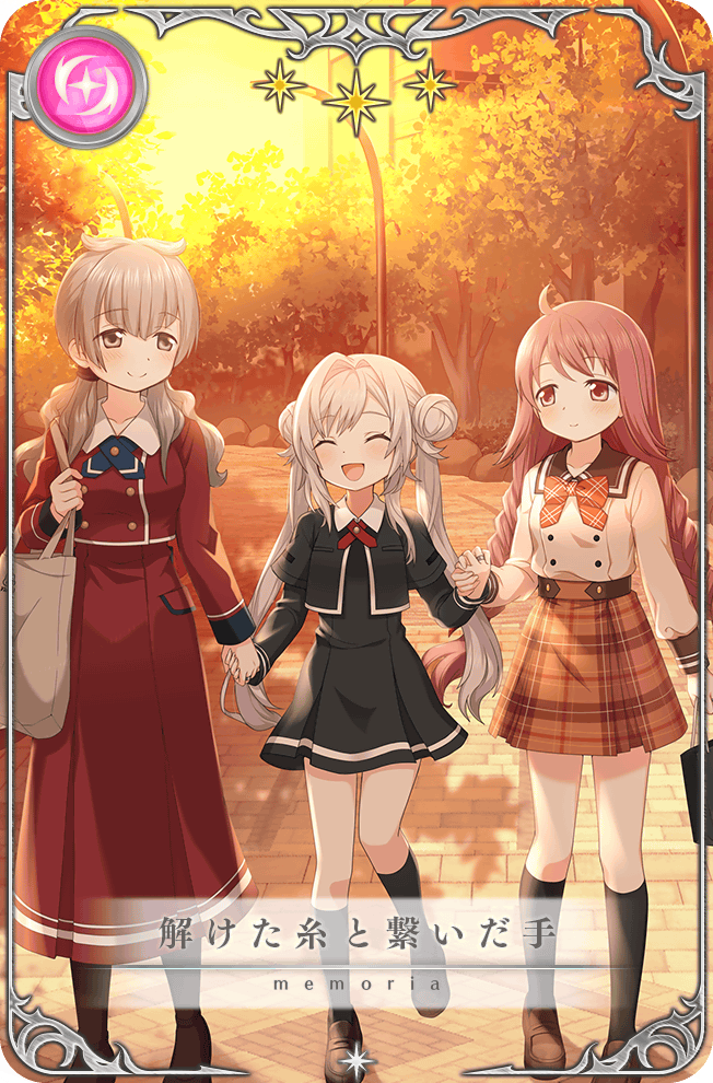 3girls, ^_^, ahoge, artist_request, bag, black_dress, black_footwear, black_jacket, black_sailor_collar, black_socks, blue_necktie, bow, bowtie, braid, brown_footwear, brown_hair, bush, buttons, card_(medium), closed_eyes, closed_mouth, collared_dress, daito_academy_school_uniform, dot_nose, double_bun, dress, eyelashes, full_body, game_cg, grey_bag, hair_bun, hair_half_over_shoulder, hair_horns, hair_intakes, happy, himuro_lavi, holding, holding_bag, holding_hands, jacket, jewelry, kneehighs, knees, lamppost, layered_sleeves, leg_up, light_blush, long_hair, long_skirt, long_sleeves, low_twin_braids, low_twintails, magia_record:_mahou_shoujo_madoka_magica_gaiden, mahou_shoujo_madoka_magica, miniskirt, multiple_girls, necktie, official_art, open_clothes, open_jacket, open_mouth, orange_bow, orange_bowtie, orange_skirt, outdoors, picture_frame, pink_eyes, pink_hair, plaid_bow, plaid_bowtie, plaid_clothes, plaid_skirt, pleated_skirt, pocket, red_necktie, red_shirt, red_skirt, ring, rock, sailor_collar, satomi_nayuta, school_bag, school_uniform, shadow, shirt, shoes, short_dress, short_over_long_sleeves, short_sleeves, sidewalk, skirt, skirt_set, sky, smile, socks, standing, star_(symbol), sunset, takarazaki_school_uniform, tareme, tote_bag, translated, twin_braids, twintails, uwabaki, very_long_hair, walking, white_hair, white_shirt, yakumo_mikage, yellow_sky, yukuni_academy_school_uniform