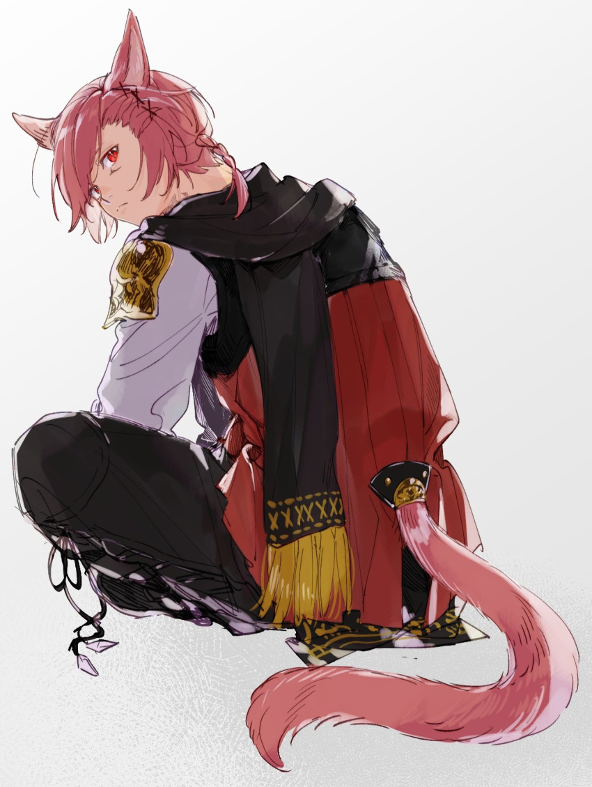 1boy, animal_ears, black_pants, black_scarf, braid, braided_ponytail, cat_boy, cat_ears