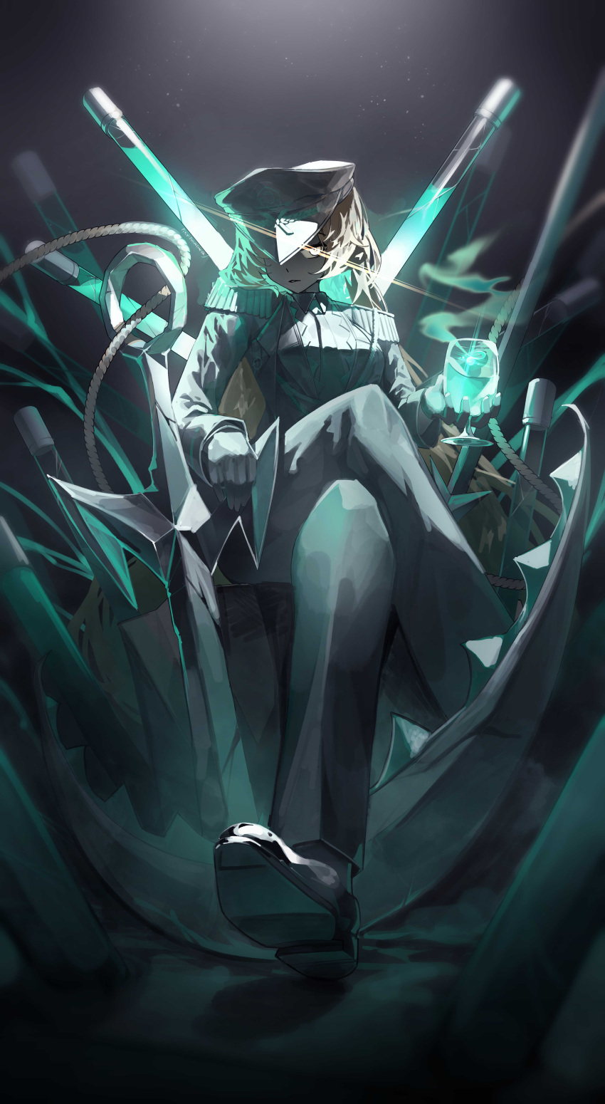 1girl, absurdres, anchor, aqua_necktie, black_coat, black_footwear, black_gloves, black_hat