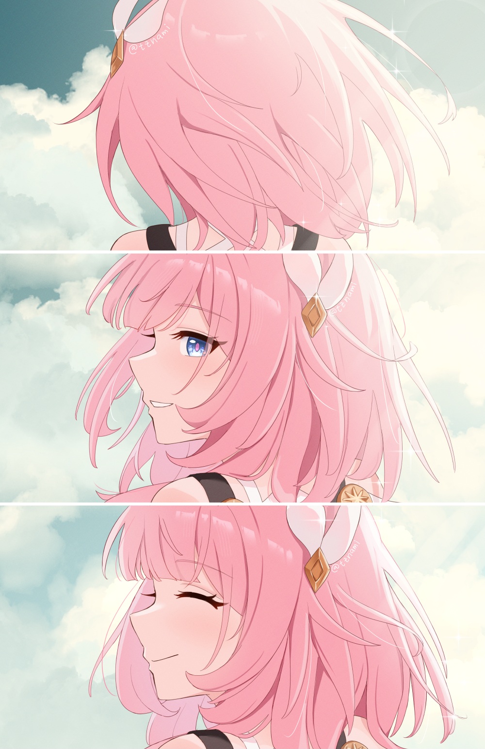 1girl, blue_eyes, closed_eyes, closed_mouth, clouds, cloudy_sky, column_lineup, commentary