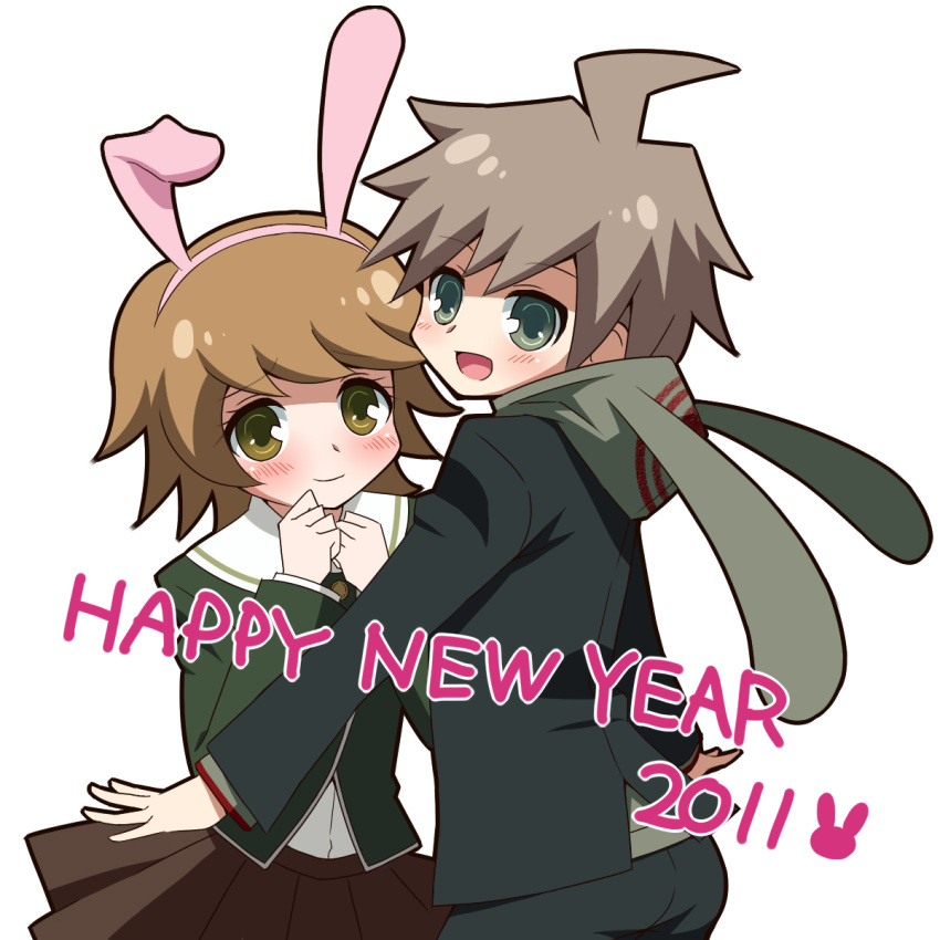 animal_ears, blush, brown_eyes, brown_hair, crossdressinging, dangan-ronpa, dangan_ronpa, fujisaki_chihiro, highres, hoodie, komeko5, multiple_boys, naegi_makoto, new_year, open_mouth, school_uniform, short_hair, skirt, smile, trap