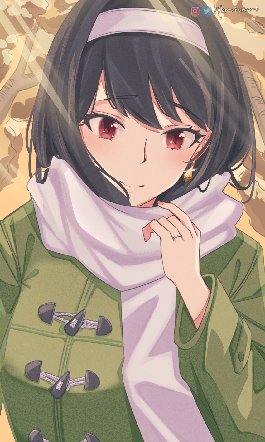1girl, absurdres, black_hair, blush, closed_mouth, coat, commentary, day, earrings, enpera, eyelashes, fingernails, green_coat, hairband, hand_up, happy, highres, jewelry, knowname, lips, long_sleeves, looking_at_hand, mature_female, medium_hair, mixed-language_commentary, outdoors, red_eyes, ring, scarf, smile, solo, spy_x_family, sunlight, swept_bangs, tsurime, twitter_username, upper_body, wedding_ring, white_hairband, white_scarf, winter_clothes, yor_briar