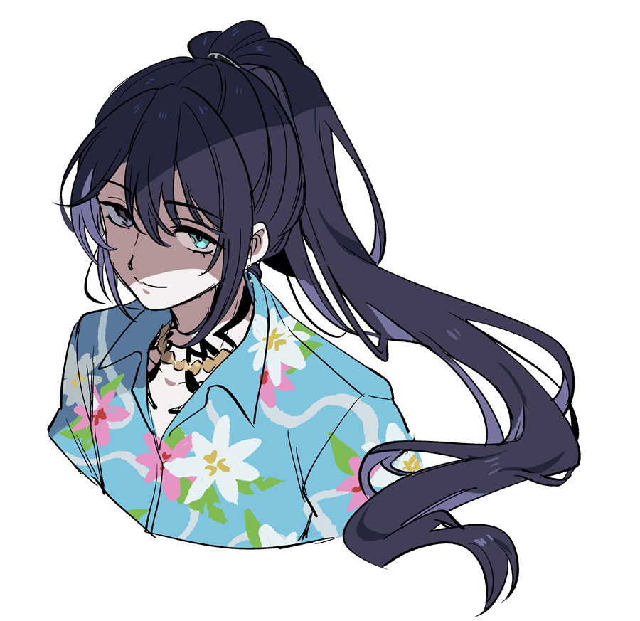 1boy, black_hair, blue_shirt, collared_shirt, cropped_shoulders, floral_print_shirt, hawaiian_shirt, heterochromia