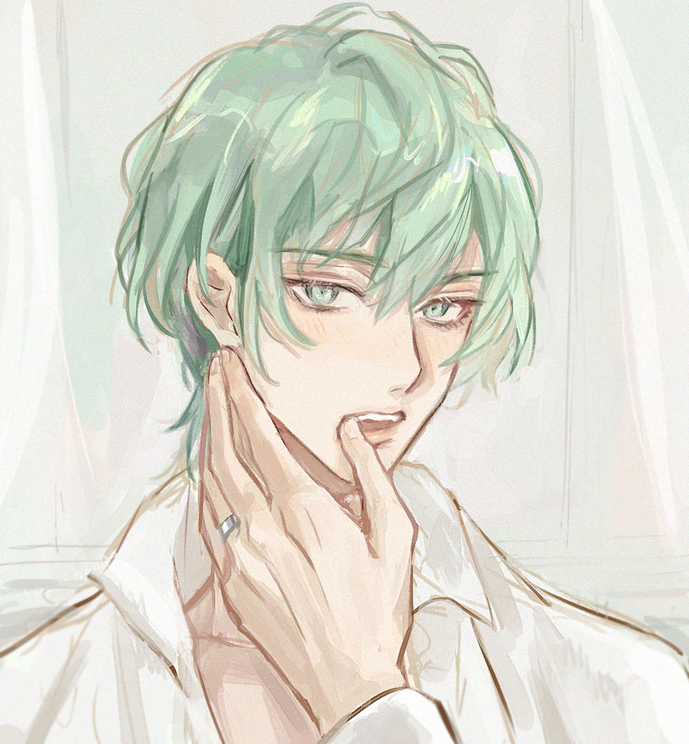 2boys, byleth_(fire_emblem), byleth_(male)_(fire_emblem), collared_shirt, commentary, dimitri_alexandre_blaiddyd, finger_in_another's_mouth, fire_emblem