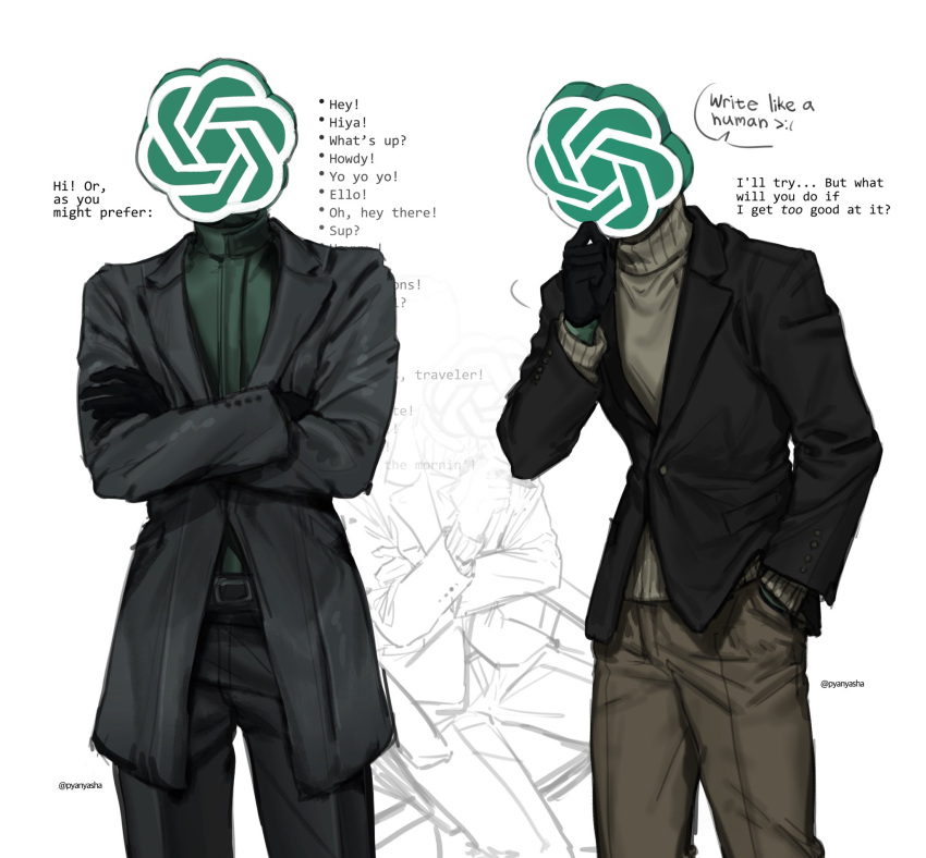 1boy, black_gloves, black_jacket, black_pants, brown_pants, brown_sweater, chatgpt, coat, crossed_arms, english_text, gloves, green_shirt, grey_coat, hand_up, highres, jacket, lapels, long_sleeves, multiple_views, notched_lapels, object_head, openai, original, pants, pyanyasha, shirt, simple_background, speech_bubble, sweater, white_background