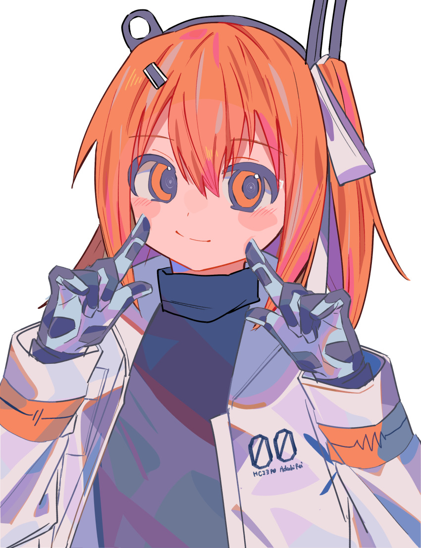1girl, a.i._voice, absurdres, adachi_rei, black_shirt, closed_mouth, fingers_to_cheeks, gloves, hands_up, headlamp, highres, jacket, long_sleeves, looking_at_viewer, medium_hair, one_side_up, open_clothes, open_jacket, orange_eyes, orange_hair, shirt, simple_background, solo, turtleneck, upper_body, utau, white_background, white_jacket, yuyu_no_suke