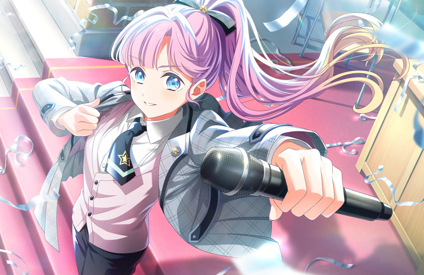 1girl, anyoji_hime, black_necktie, black_pants, blazer, blonde_hair, blue_eyes, blunt_bangs