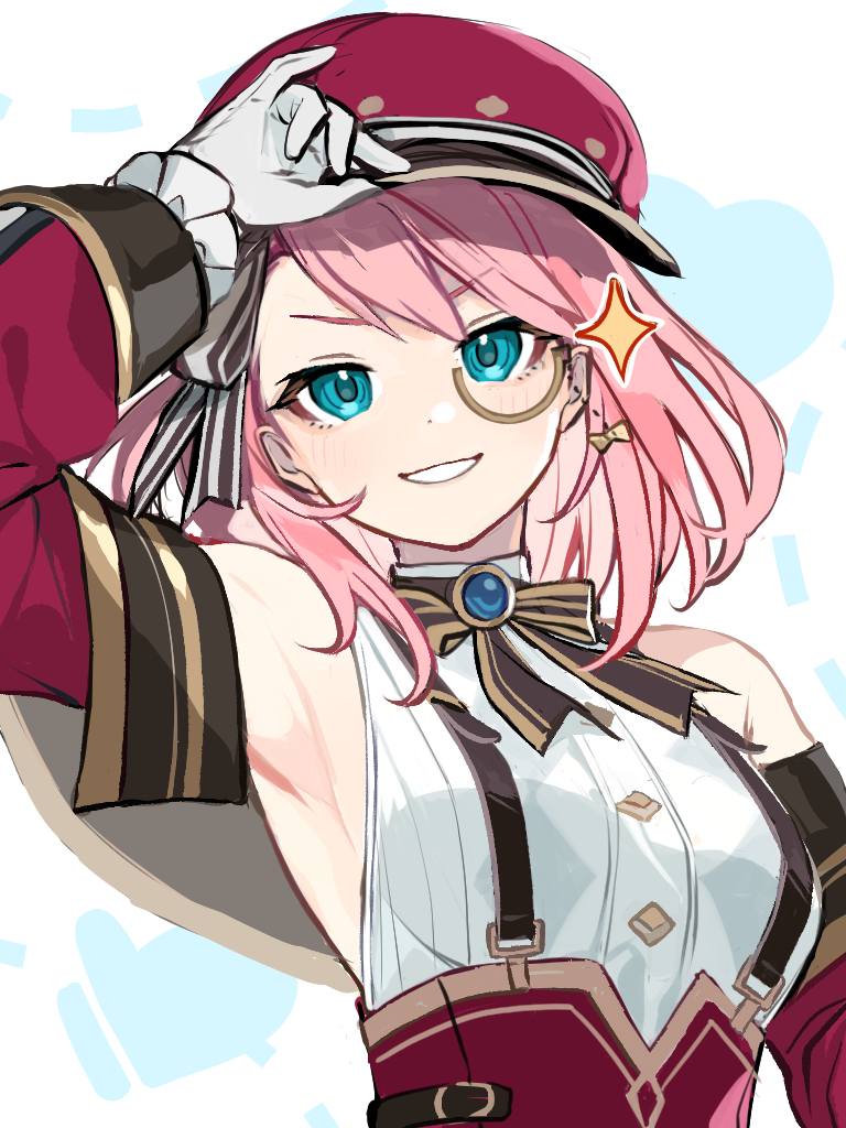 1girl, arisuke_(natuyan), arm_up, armpits, black_bow, black_bowtie, blue_eyes, blue_gemstone