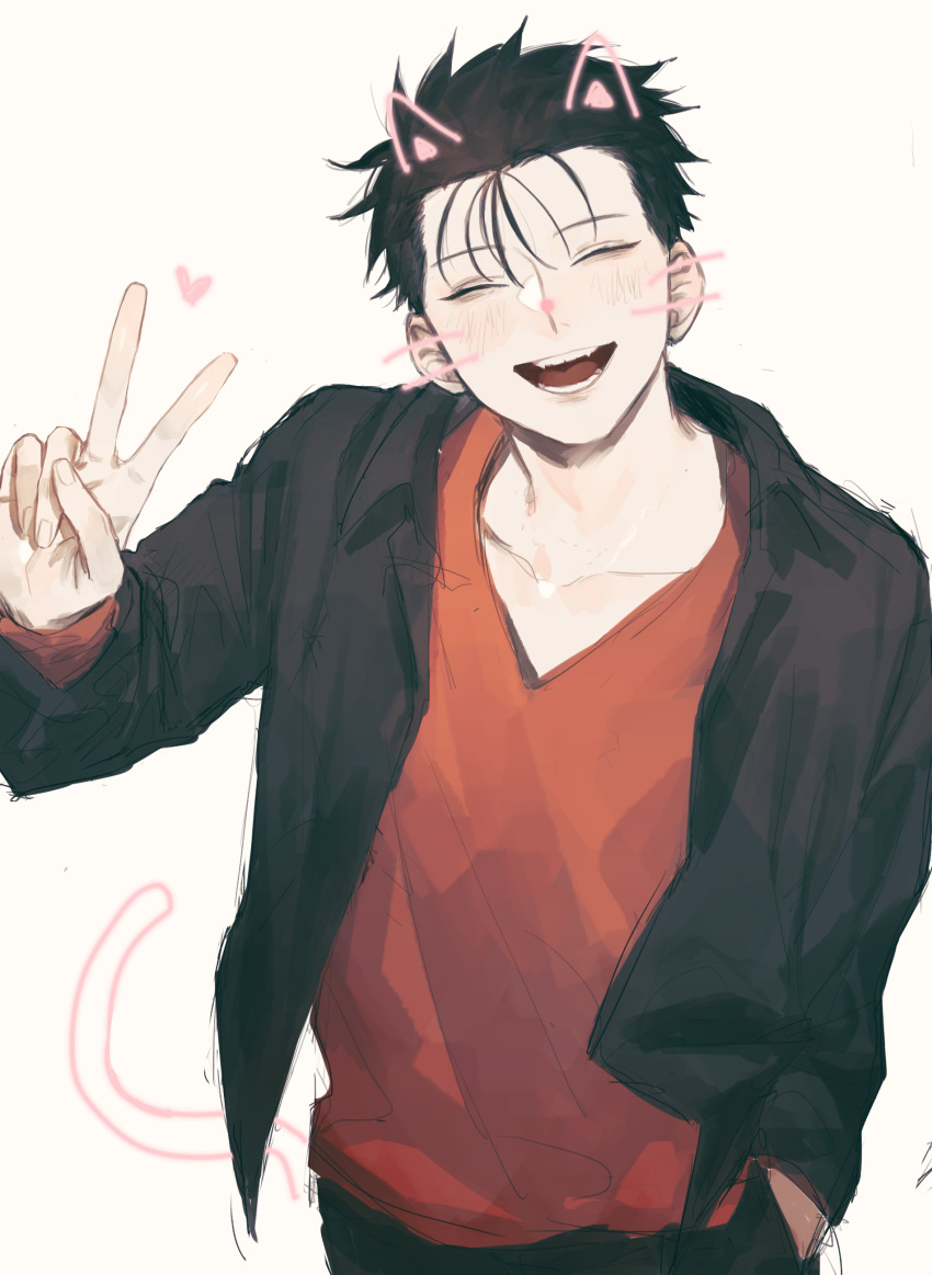 1boy, absurdres, animal_ears, arm_up, black_hair, black_pants, black_shirt, cat_ears