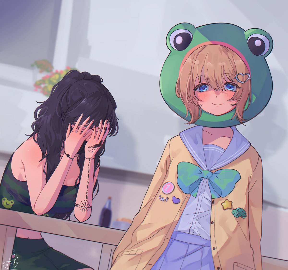 2girls, aqua_bow, aqua_bowtie, arm_tattoo, badge, black_hair, blue_eyes, blue_sailor_collar