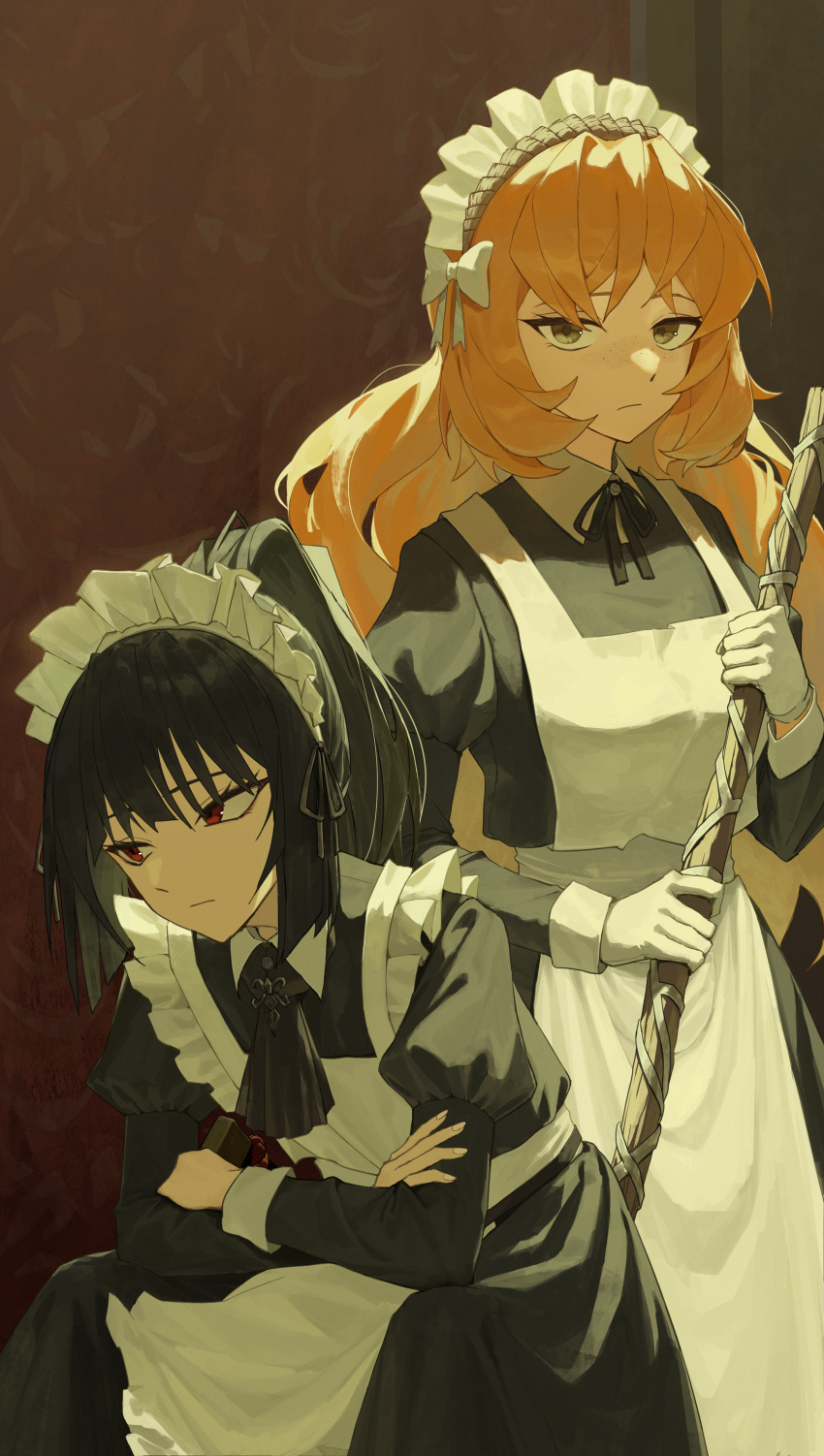 2girls, absurdres, apron, ascot, black_ascot, black_dress, black_hair, black_ribbon, broom, closed_mouth, dress, gloves, green_eyes, high_ponytail, highres, holding, holding_broom, indoors, ishmael_(project_moon), juliet_sleeves, limbus_company, long_hair, long_sleeves, looking_at_viewer, maid, maid_headdress, medium_hair, multiple_girls, neck_ribbon, orange_hair, project_moon, puffy_sleeves, red_eyes, ribbon, ryoshu_(project_moon), sidelocks, sinlu, very_long_hair, white_apron, white_gloves, wuthering_heights_(identity)_(project_moon)