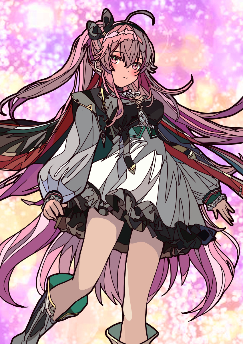 1girl, absurdres, ahoge, azur_lane, baggy_clothes, black_bow, black_footwear, blush, bow, closed_mouth, dress, emanuele_pessagno_(azur_lane), frilled_dress, frills, hair_between_eyes, hair_bow, highres, long_hair, long_sleeves, looking_at_viewer, nicolanicconico, pink_eyes, pink_hair, smile, solo, very_long_hair, white_dress